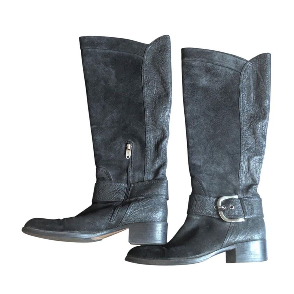 Joan & David 'Darhodee' Black Leather Suede Knee-High Boots 7.5M Buckle